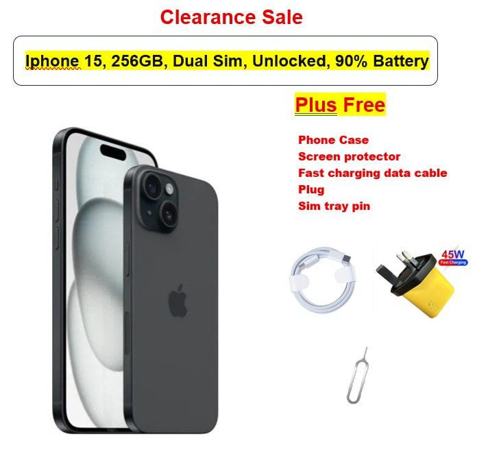 Refurbished Apple iPhone 15 256GB | Dual Sim (Nano + Nano) Unlocked | Free Case, Screen Protector, Fast Charging Cable & Sim Tool | Grade A – Battery Capacity 90%
