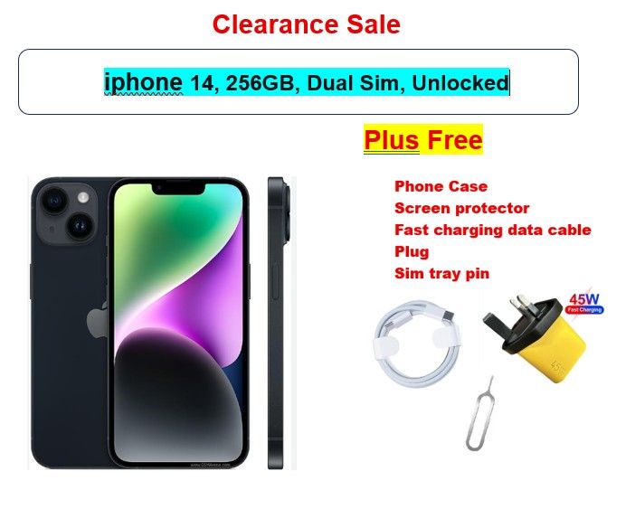 Refurbished Apple iPhone 14 256GB | Grader A, Dual Sim (Nano + Nano) Unlocked | Free phone Case, Screen Protector, Fast Charging Cable , Plug,  Free Sim Slot Pin