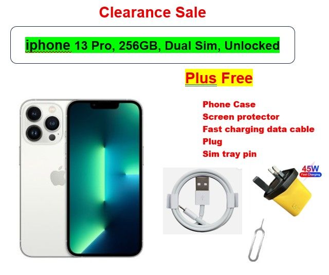 Refurbished Apple iPhone 13 Pro 256GB | Dual Sim (Nano + Nano) Unlocked | Free Case, Screen Protector, Fast Charging, Cable Plug | Grade A, Free Sim Slot Pin