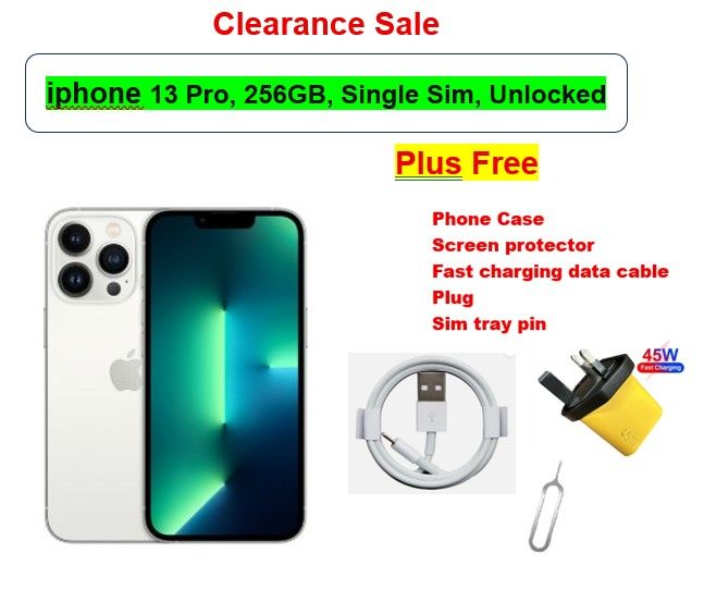 Refurbished Apple iPhone 13 Pro 256GB | Single Sim (Nano + Nano) Unlocked | Free Case, Screen Protector, Fast Charging, Cable Plug | Grade A, Free Sim Slot Pin