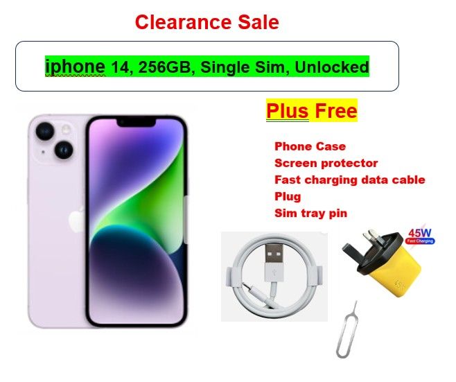 Refurbished Apple iPhone 14 256GB | Grader A, Single Sim, Original Screen (Nano + Nano) Unlocked | Free phone Case, Screen Protector, Fast Charging Cable , Plug,  Free Sim Slot Pin