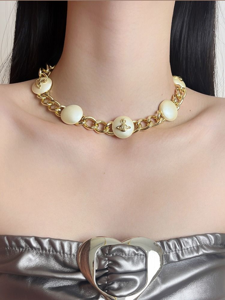 Empress Dowager Saturn big pearl round cake necklace light luxury minority high version heavy industry Cuba thick chain splicing neck chain