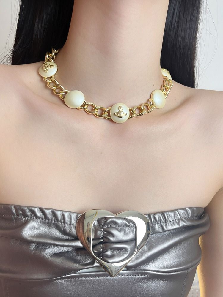 Empress Dowager Saturn big pearl round cake necklace light luxury minority high version heavy industry Cuba thick chain splicing neck chain