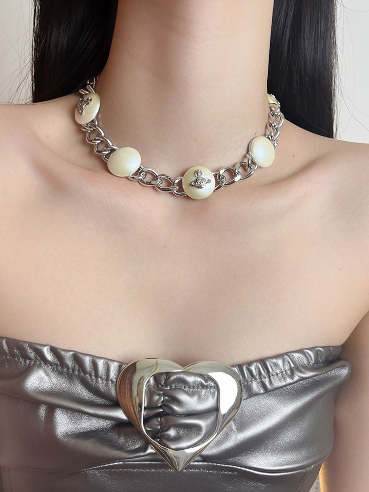 Empress Dowager Saturn big pearl round cake necklace light luxury minority high version heavy industry Cuba thick chain splicing neck chain