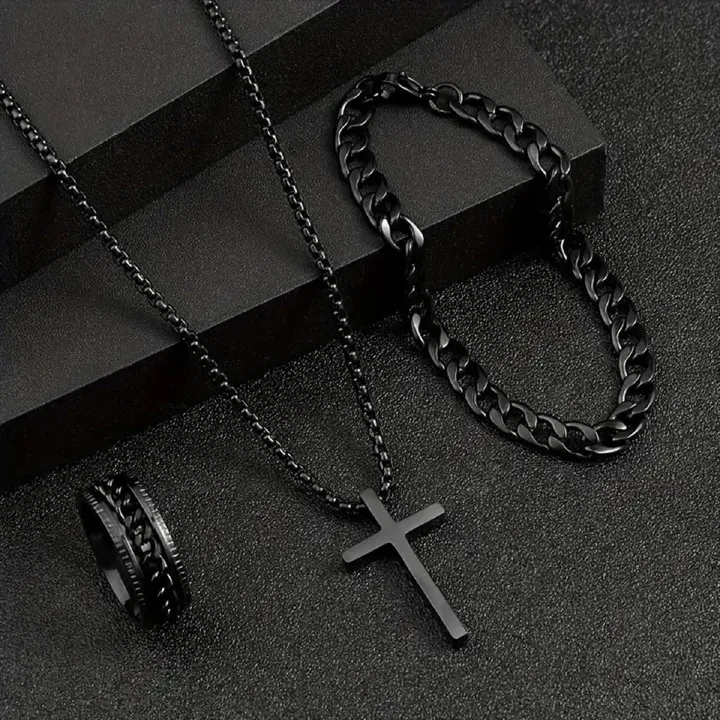 2024 Africa Europe America New Creative Simple Temperament Cross Retro Dark Three-piece Ring + Necklace + Bracelet Electroplating Process Cross Element Personality Style