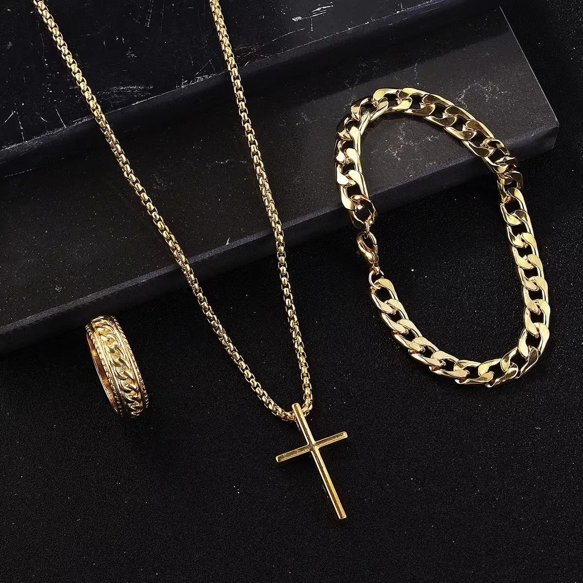 2024 Africa Europe America New Creative Simple Temperament Cross Retro Dark Three-piece Ring + Necklace + Bracelet Electroplating Process Cross Element Personality Style