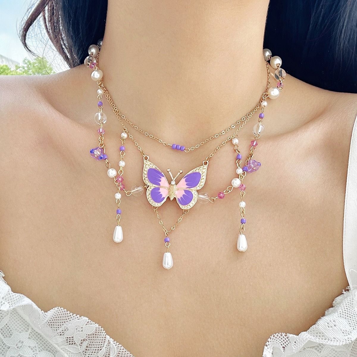 African cross-border multi-style accessories Fresh sweet pastoral design sense Pearl Sweet cool y2k Butterfly choker summer Dopamine necklace women