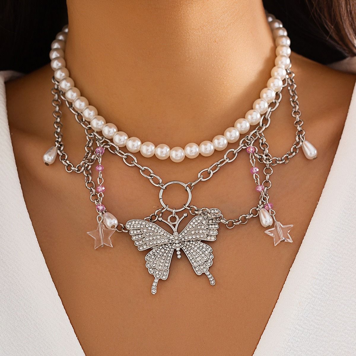 African cross-border multi-style accessories Fresh sweet pastoral design sense Pearl Sweet cool y2k Butterfly choker summer Dopamine necklace women