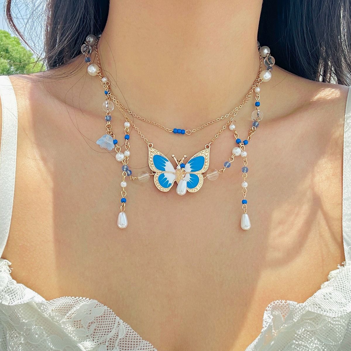 African cross-border multi-style accessories Fresh sweet pastoral design sense Pearl Sweet cool y2k Butterfly choker summer Dopamine necklace women