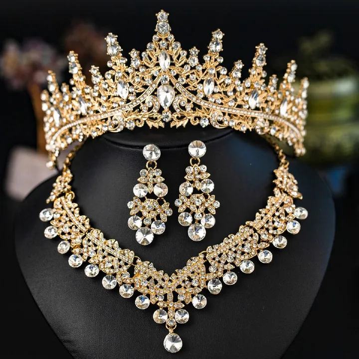 African Bridal Jewelry Three-piece Fashion Commuter Haute Couture Ball Wedding Jewelry Alloy Diamond Crown Necklace Earrings Wedding Jewelry Bridal set