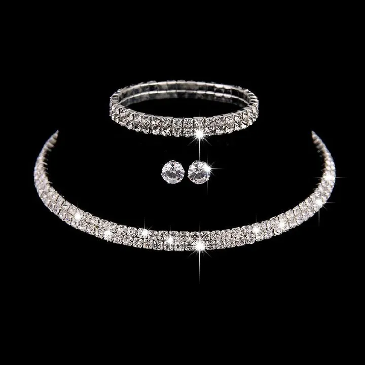 2024 New Style Metal Claw Chain Rhinestone Wedding Necklace Bride Necklace Earrings Jewelry Set Wholesale Light Luxury High-end Evening Party Accessories