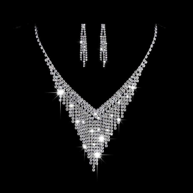 2024 New Style Metal Claw Chain Rhinestone Wedding Necklace Bride Necklace Earrings Jewelry Set Wholesale Light Luxury High-end Evening Party Accessories