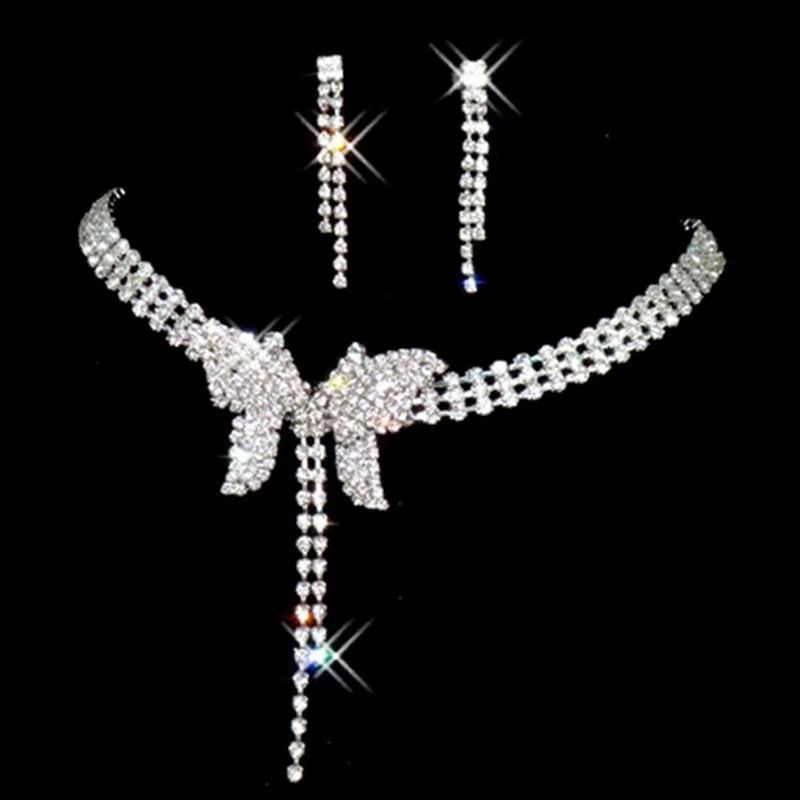 2024 New Style Metal Claw Chain Rhinestone Wedding Necklace Bride Necklace Earrings Jewelry Set Wholesale Light Luxury High-end Evening Party Accessories