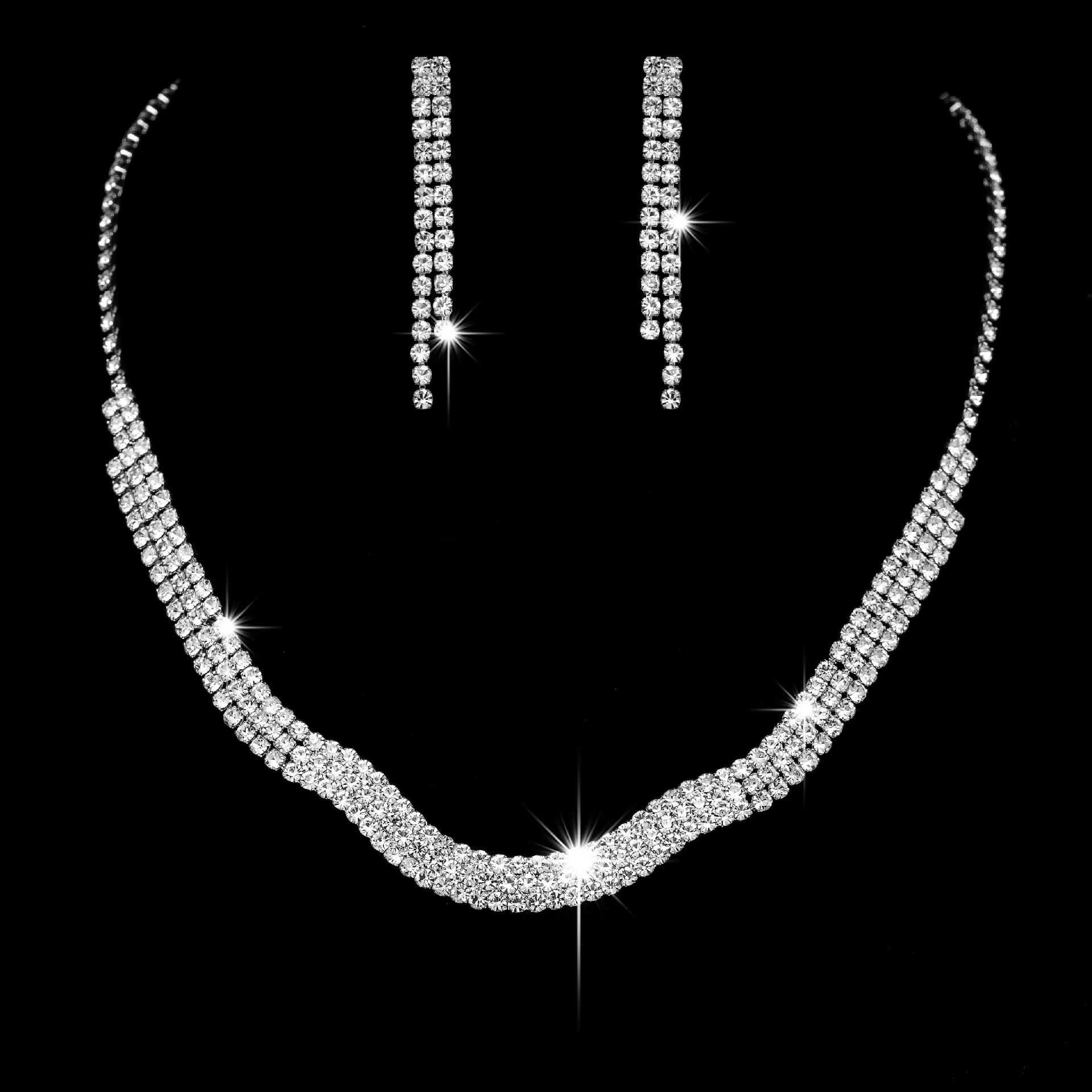 2024 New Style Metal Claw Chain Rhinestone Wedding Necklace Bride Necklace Earrings Jewelry Set Wholesale Light Luxury High-end Evening Party Accessories