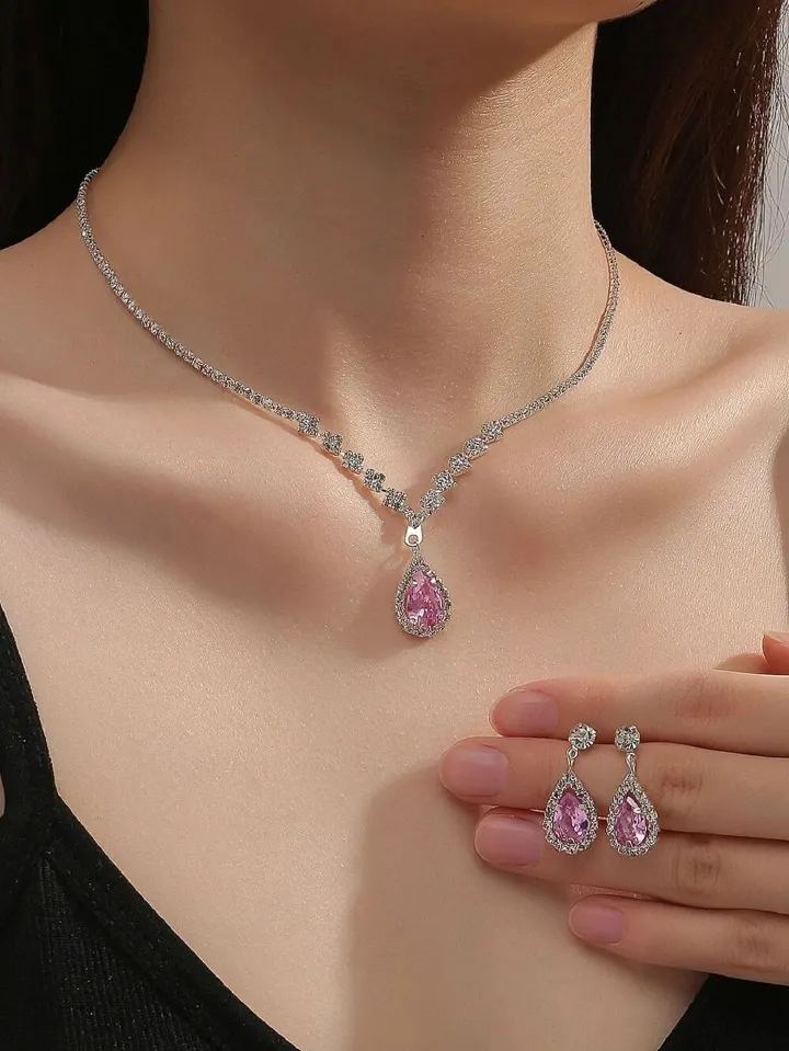 Africa new bright fresh and sweet full diamond zircon water drop necklace earrings bride wedding jewelry shooting jewelry set wholesale earrings + collar + hand jewelry