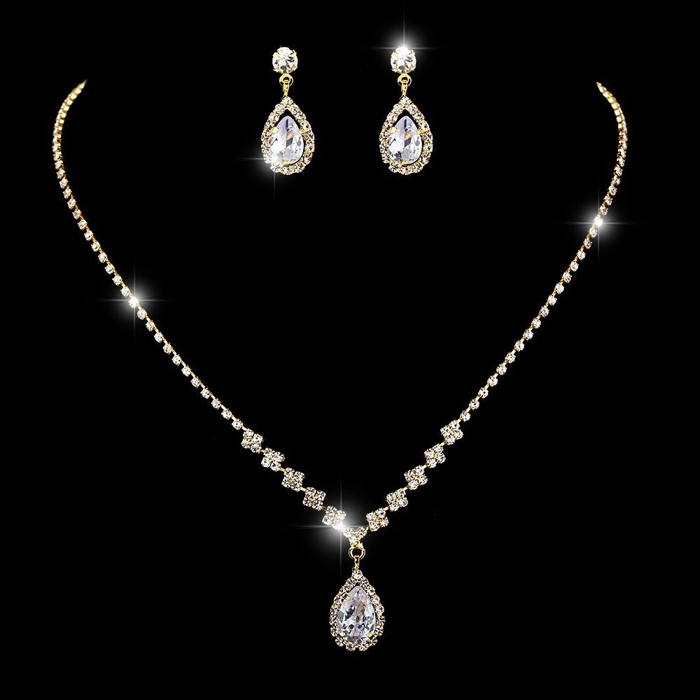 Africa new bright fresh and sweet full diamond zircon water drop necklace earrings bride wedding jewelry shooting jewelry set wholesale earrings + collar + hand jewelry