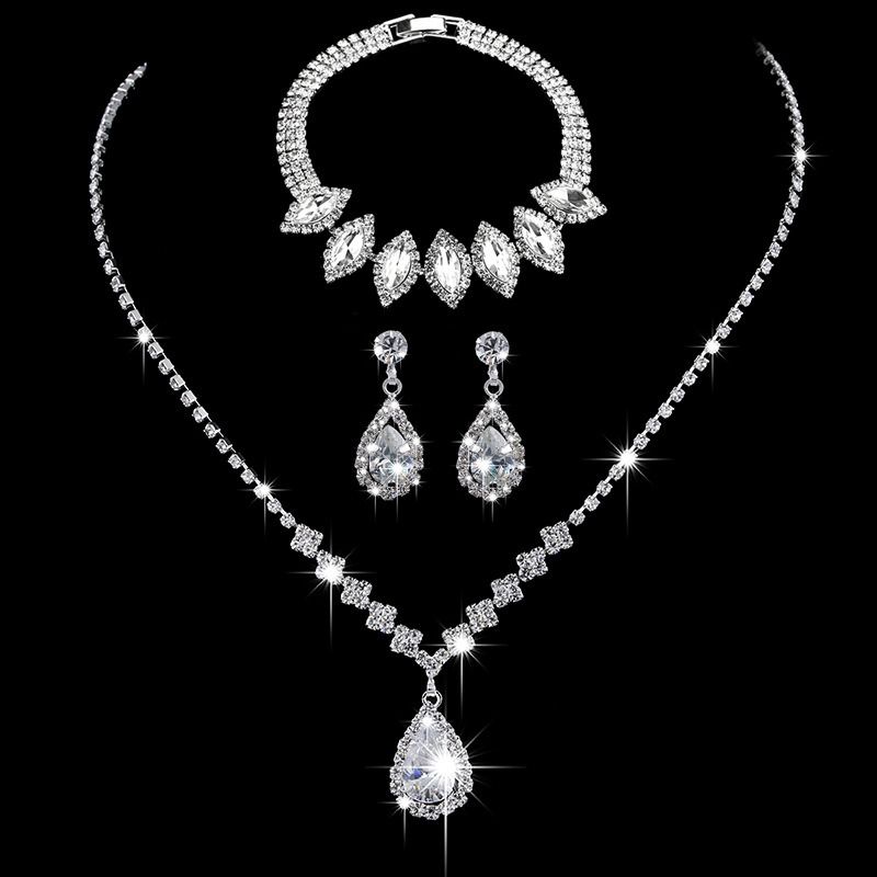 Africa new bright fresh and sweet full diamond zircon water drop necklace earrings bride wedding jewelry shooting jewelry set wholesale earrings + collar + hand jewelry