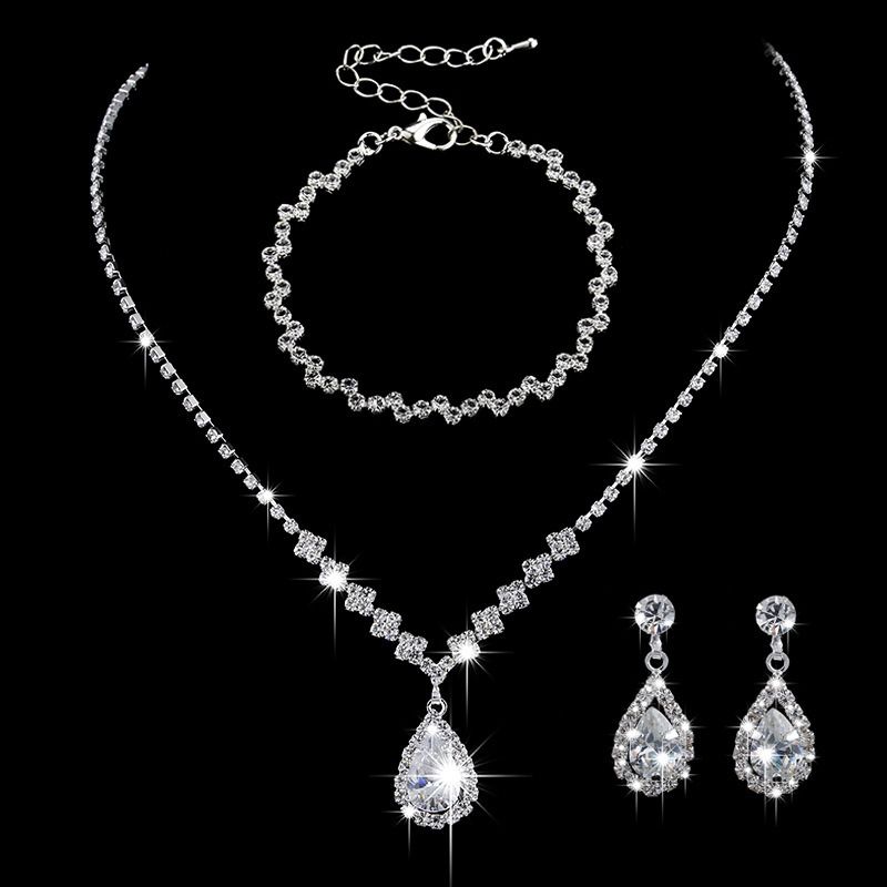 Africa new bright fresh and sweet full diamond zircon water drop necklace earrings bride wedding jewelry shooting jewelry set wholesale earrings + collar + hand jewelry