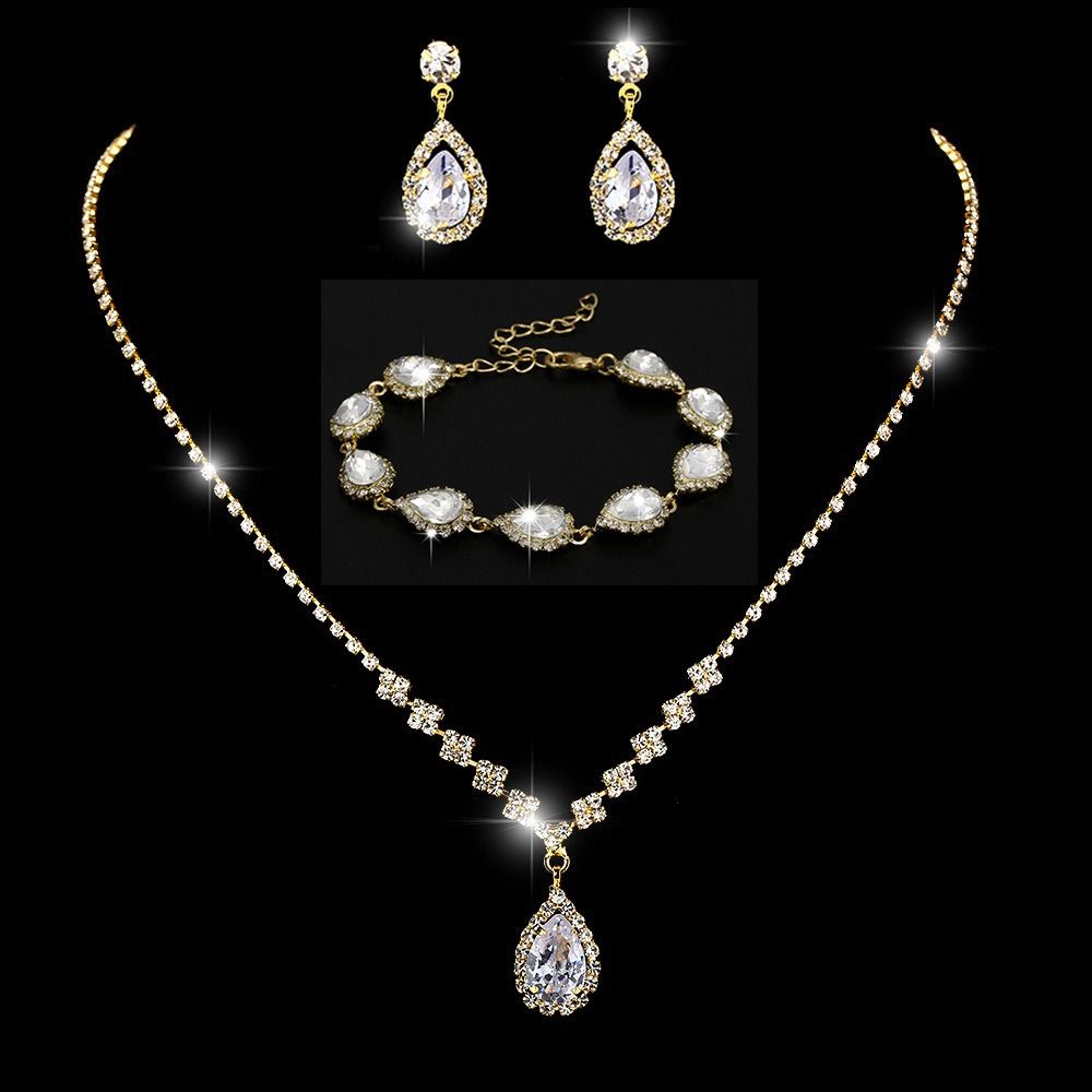 Africa new bright fresh and sweet full diamond zircon water drop necklace earrings bride wedding jewelry shooting jewelry set wholesale earrings + collar + hand jewelry