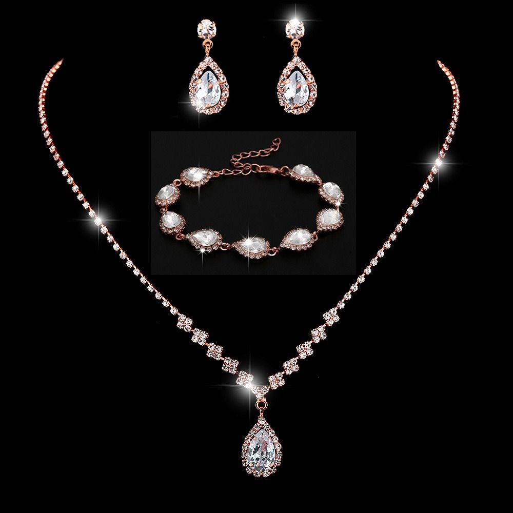 Africa new bright fresh and sweet full diamond zircon water drop necklace earrings bride wedding jewelry shooting jewelry set wholesale earrings + collar + hand jewelry