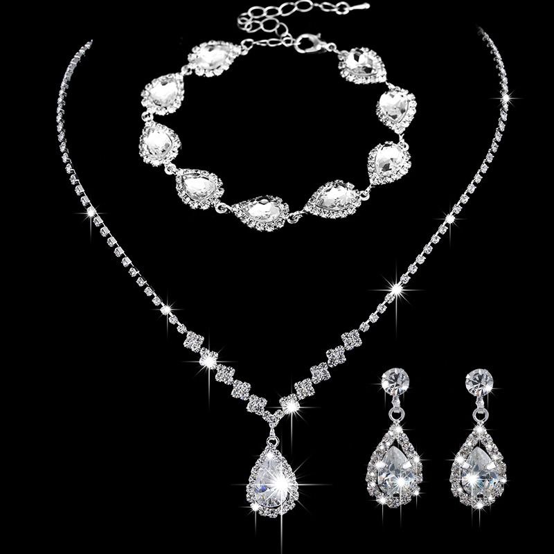 Africa new bright fresh and sweet full diamond zircon water drop necklace earrings bride wedding jewelry shooting jewelry set wholesale earrings + collar + hand jewelry