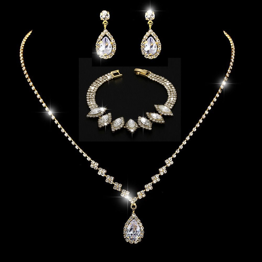 Africa new bright fresh and sweet full diamond zircon water drop necklace earrings bride wedding jewelry shooting jewelry set wholesale earrings + collar + hand jewelry