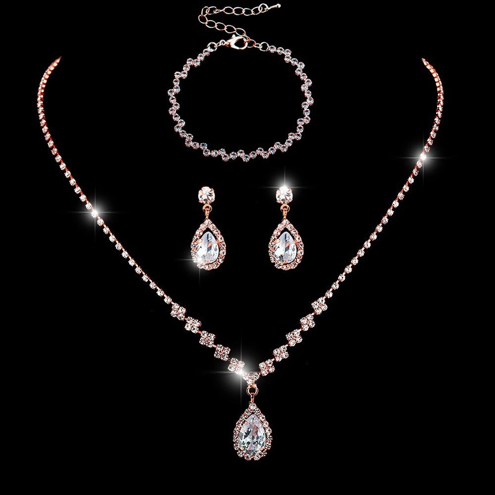 Africa new bright fresh and sweet full diamond zircon water drop necklace earrings bride wedding jewelry shooting jewelry set wholesale earrings + collar + hand jewelry