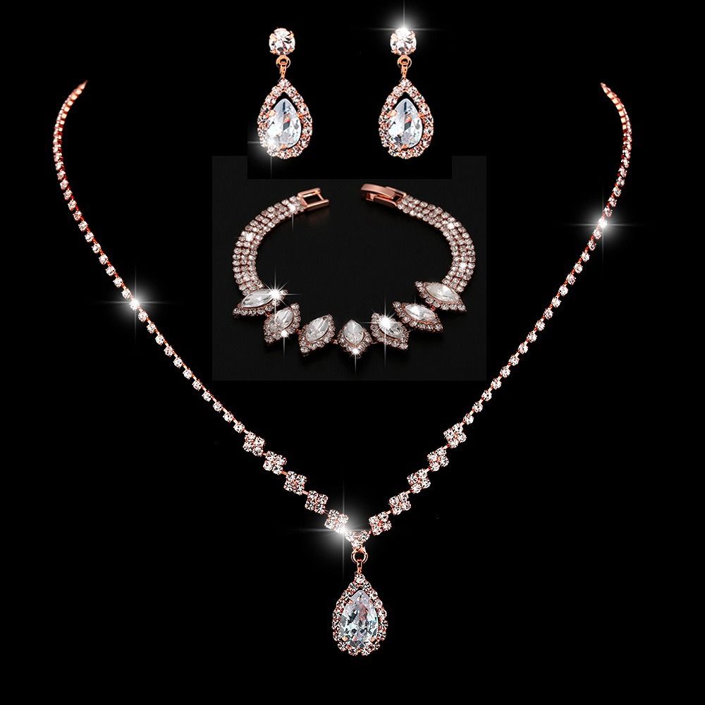 Africa new bright fresh and sweet full diamond zircon water drop necklace earrings bride wedding jewelry shooting jewelry set wholesale earrings + collar + hand jewelry