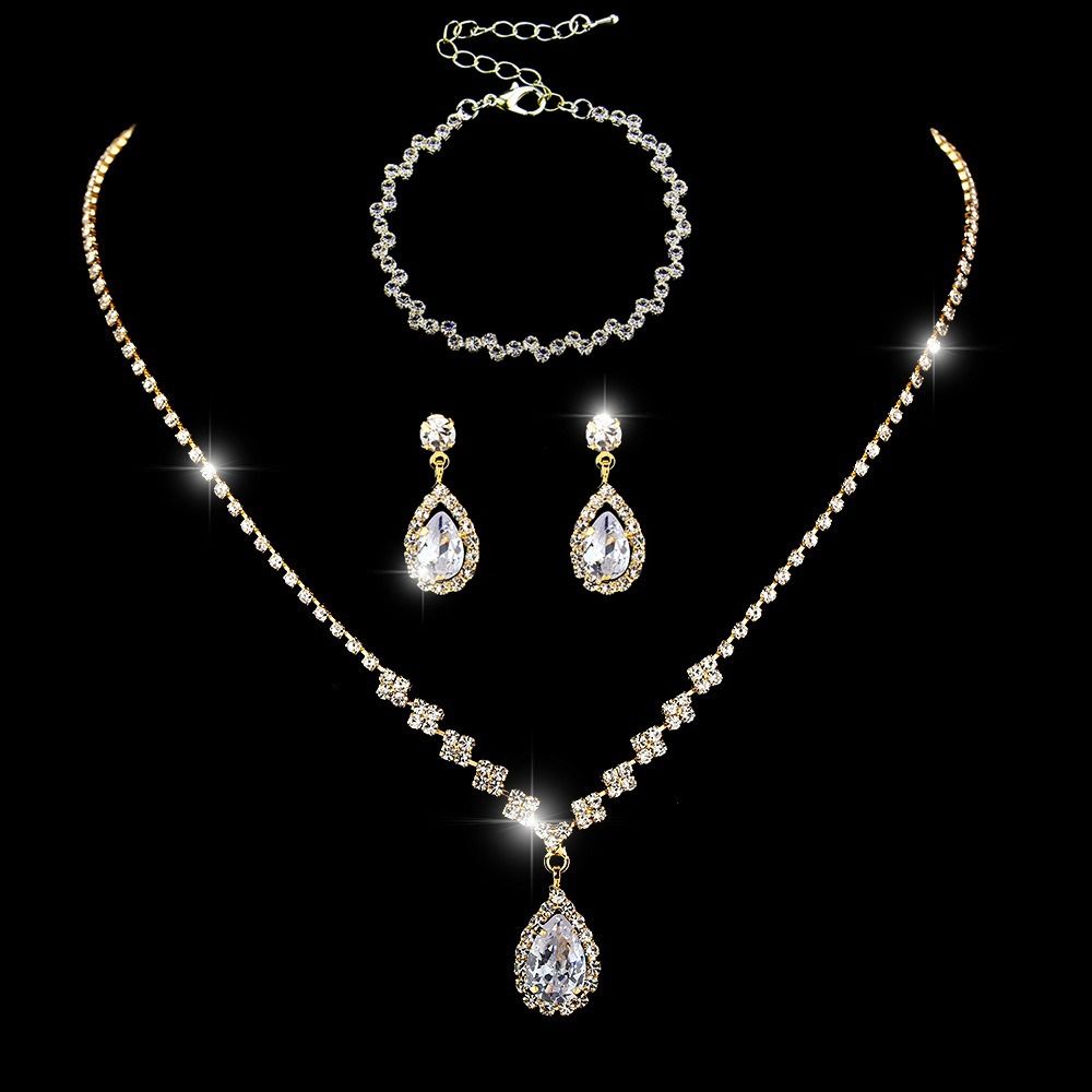 Africa new bright fresh and sweet full diamond zircon water drop necklace earrings bride wedding jewelry shooting jewelry set wholesale earrings + collar + hand jewelry