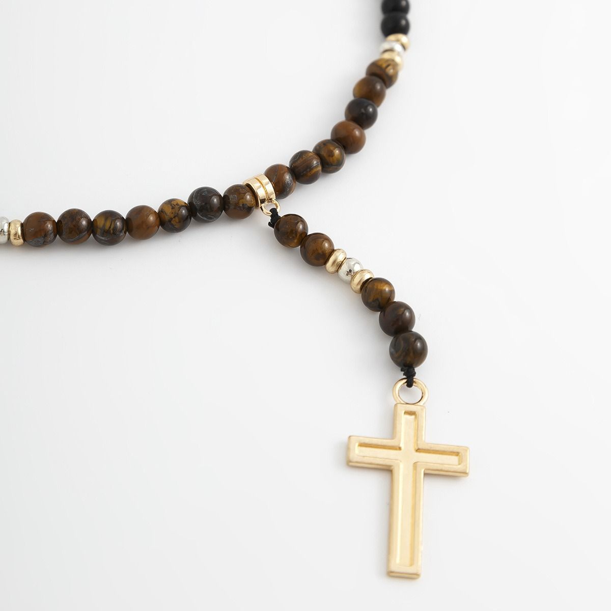 African cross-border Jewelry for men Retro Tiger Stone beaded cross Necklace Volcanic stone beaded necklace all match Hip Hop niche necklace for men