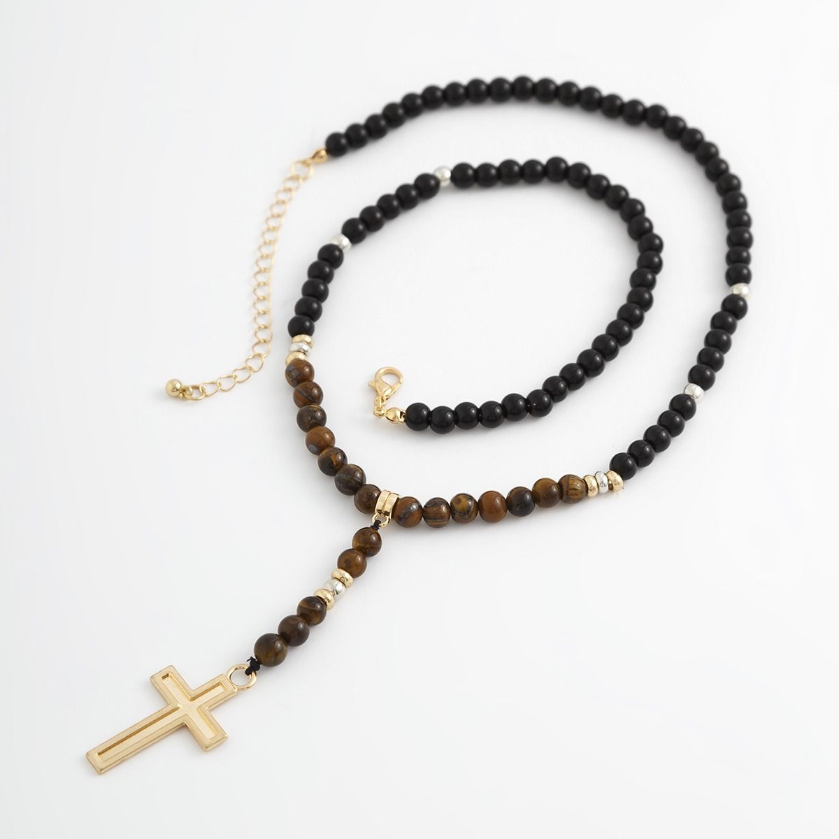 African cross-border Jewelry for men Retro Tiger Stone beaded cross Necklace Volcanic stone beaded necklace all match Hip Hop niche necklace for men