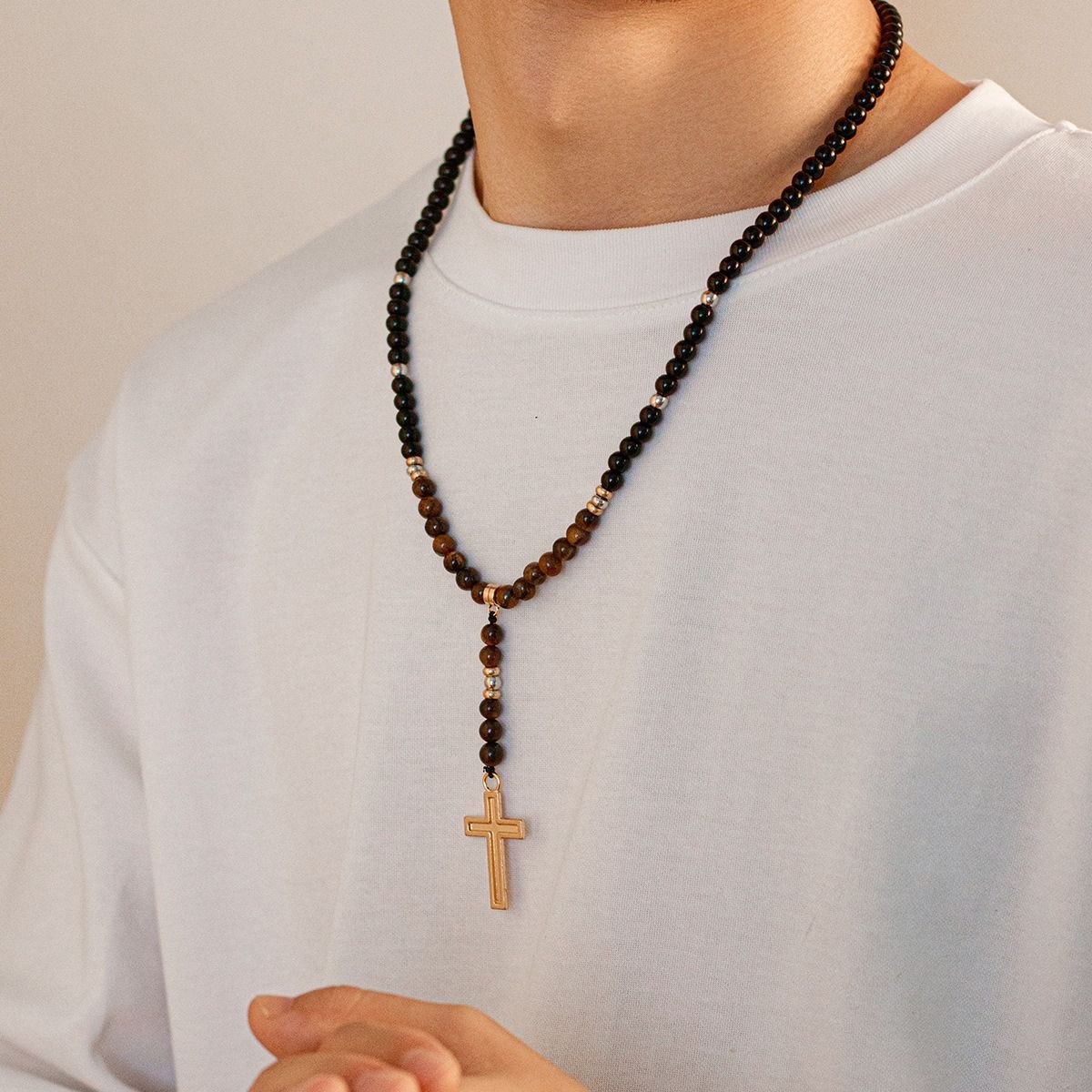 African cross-border Jewelry for men Retro Tiger Stone beaded cross Necklace Volcanic stone beaded necklace all match Hip Hop niche necklace for men