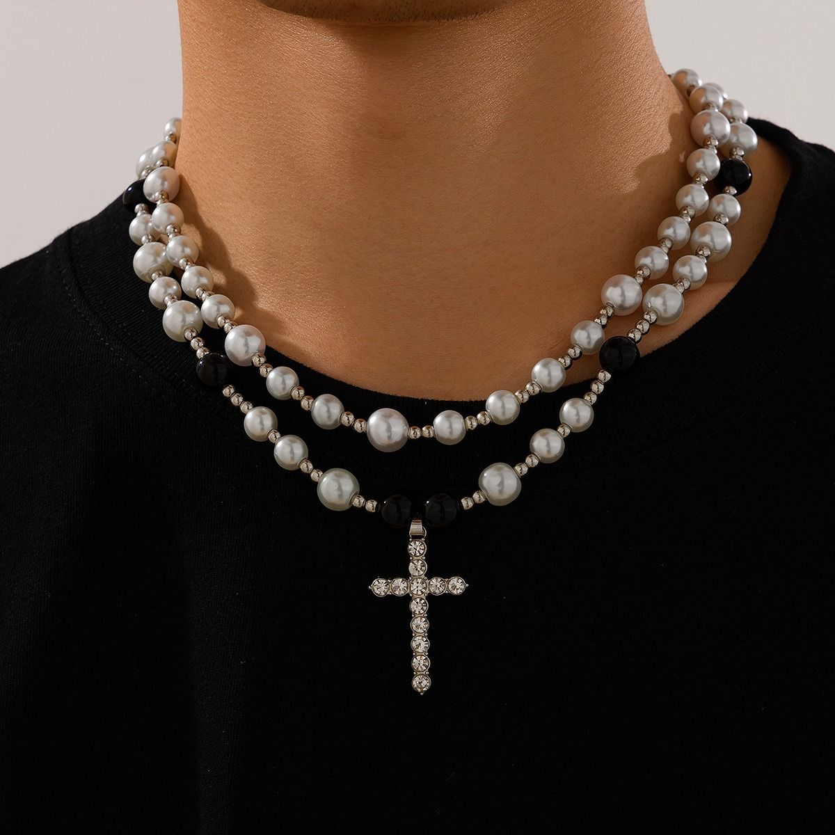 African cross-border Jewelry for men Retro Tiger Stone beaded cross Necklace Volcanic stone beaded necklace all match Hip Hop niche necklace for men