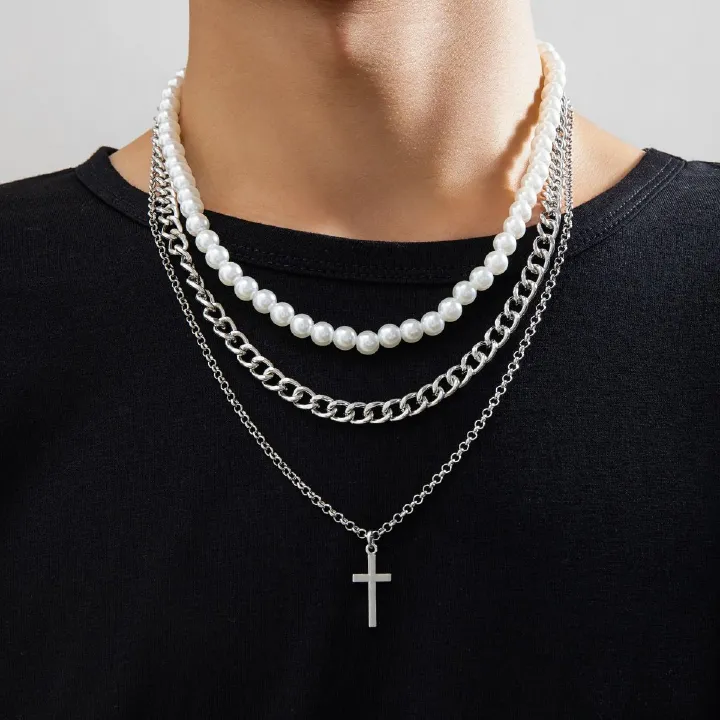 African cross-border Jewelry for men Retro Tiger Stone beaded cross Necklace Volcanic stone beaded necklace all match Hip Hop niche necklace for men