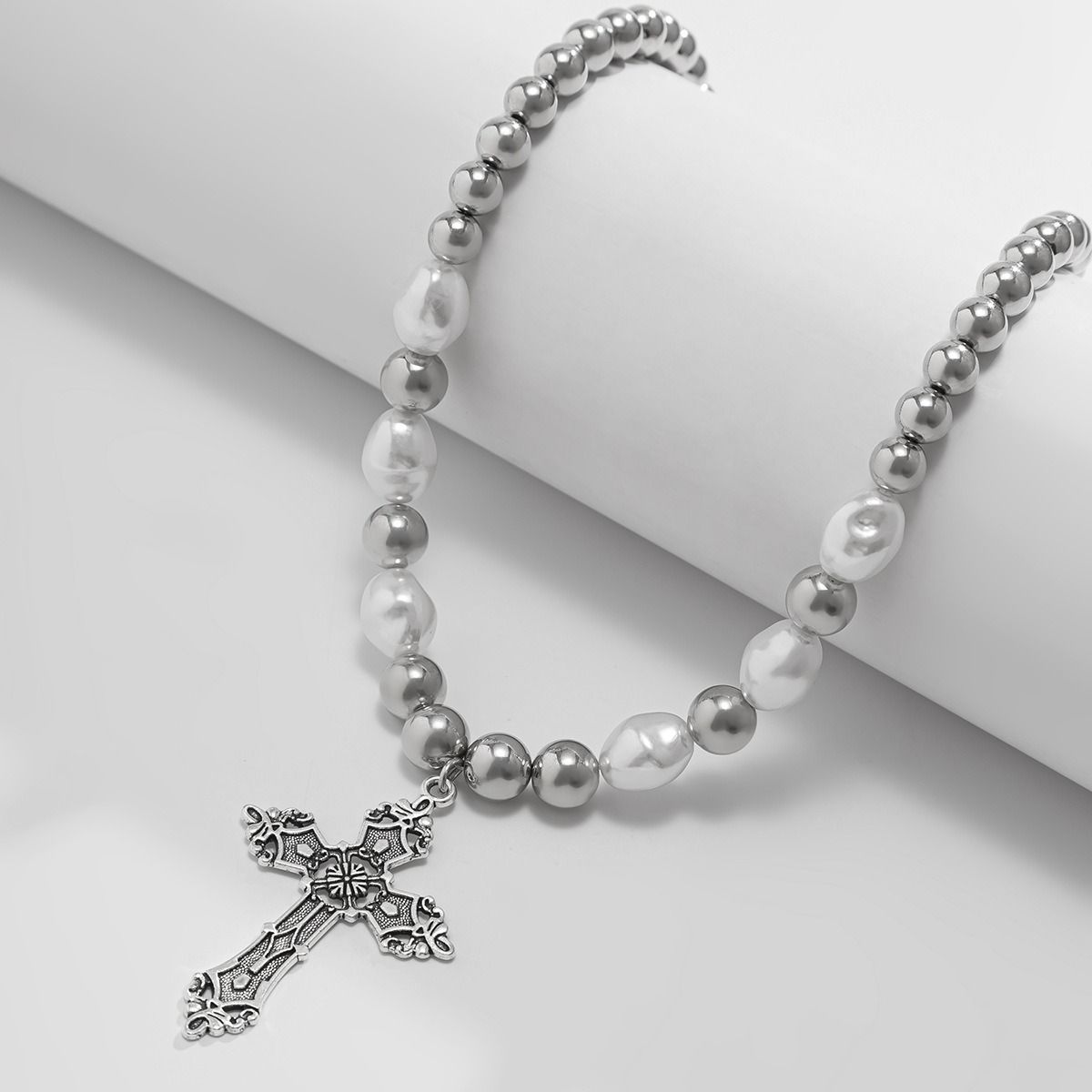 African cross-border Jewelry for men Retro Tiger Stone beaded cross Necklace Volcanic stone beaded necklace all match Hip Hop niche necklace for men