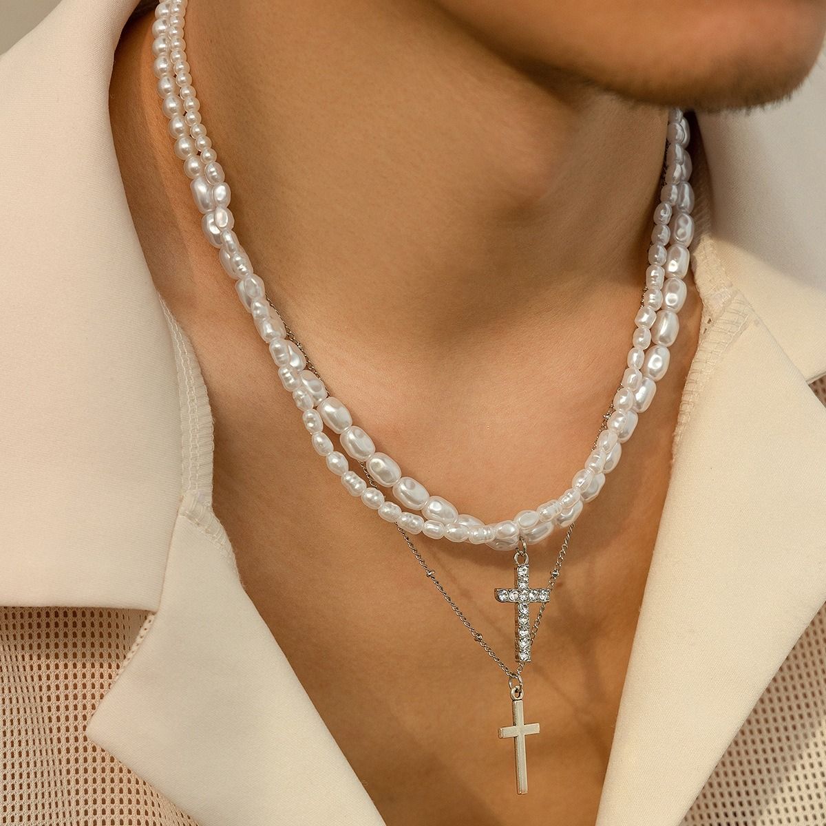 African cross-border Jewelry for men Retro Tiger Stone beaded cross Necklace Volcanic stone beaded necklace all match Hip Hop niche necklace for men