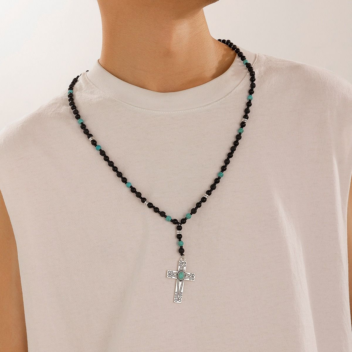 African cross-border Jewelry for men Retro Tiger Stone beaded cross Necklace Volcanic stone beaded necklace all match Hip Hop niche necklace for men