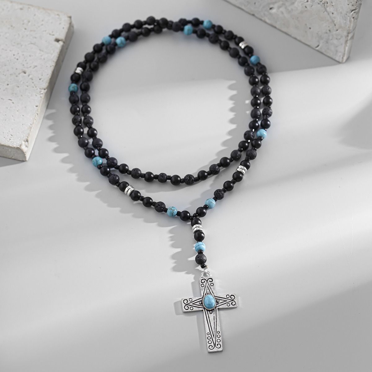 African cross-border Jewelry for men Retro Tiger Stone beaded cross Necklace Volcanic stone beaded necklace all match Hip Hop niche necklace for men