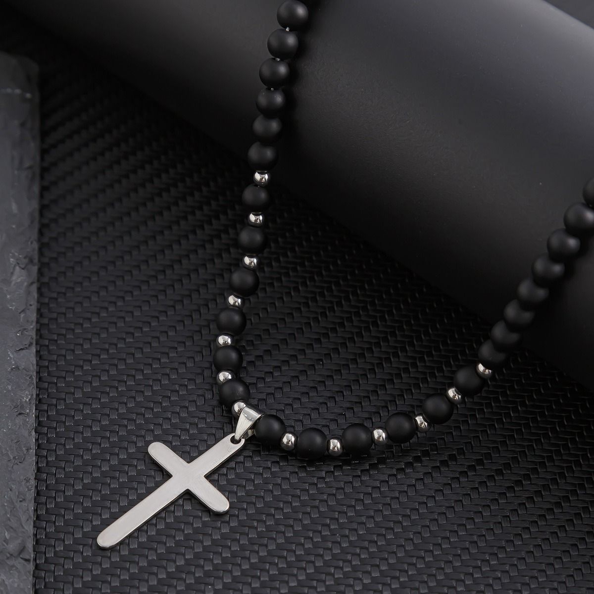 African cross-border Jewelry for men Retro Tiger Stone beaded cross Necklace Volcanic stone beaded necklace all match Hip Hop niche necklace for men