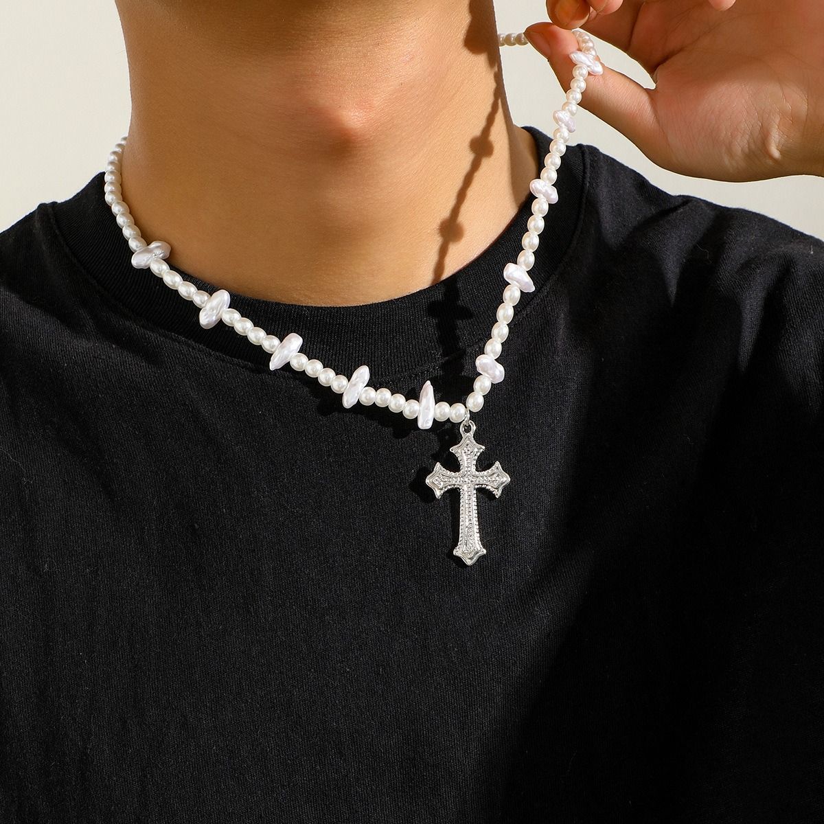 African cross-border Jewelry for men Retro Tiger Stone beaded cross Necklace Volcanic stone beaded necklace all match Hip Hop niche necklace for men