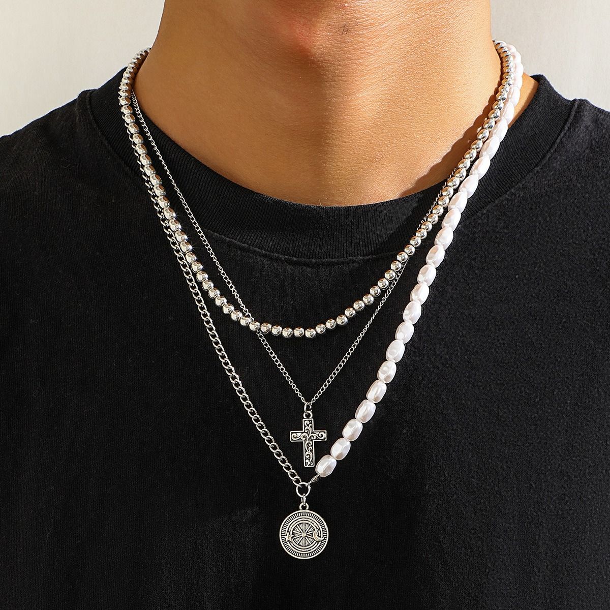 African cross-border Jewelry for men Retro Tiger Stone beaded cross Necklace Volcanic stone beaded necklace all match Hip Hop niche necklace for men