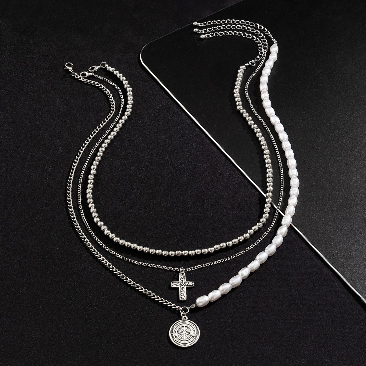 African cross-border Jewelry for men Retro Tiger Stone beaded cross Necklace Volcanic stone beaded necklace all match Hip Hop niche necklace for men