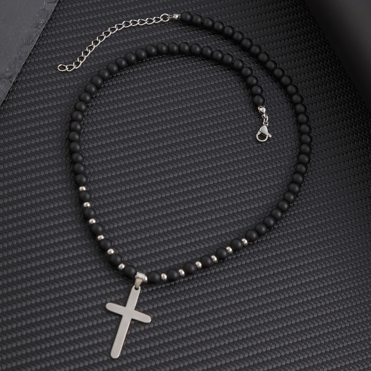 African cross-border Jewelry for men Retro Tiger Stone beaded cross Necklace Volcanic stone beaded necklace all match Hip Hop niche necklace for men