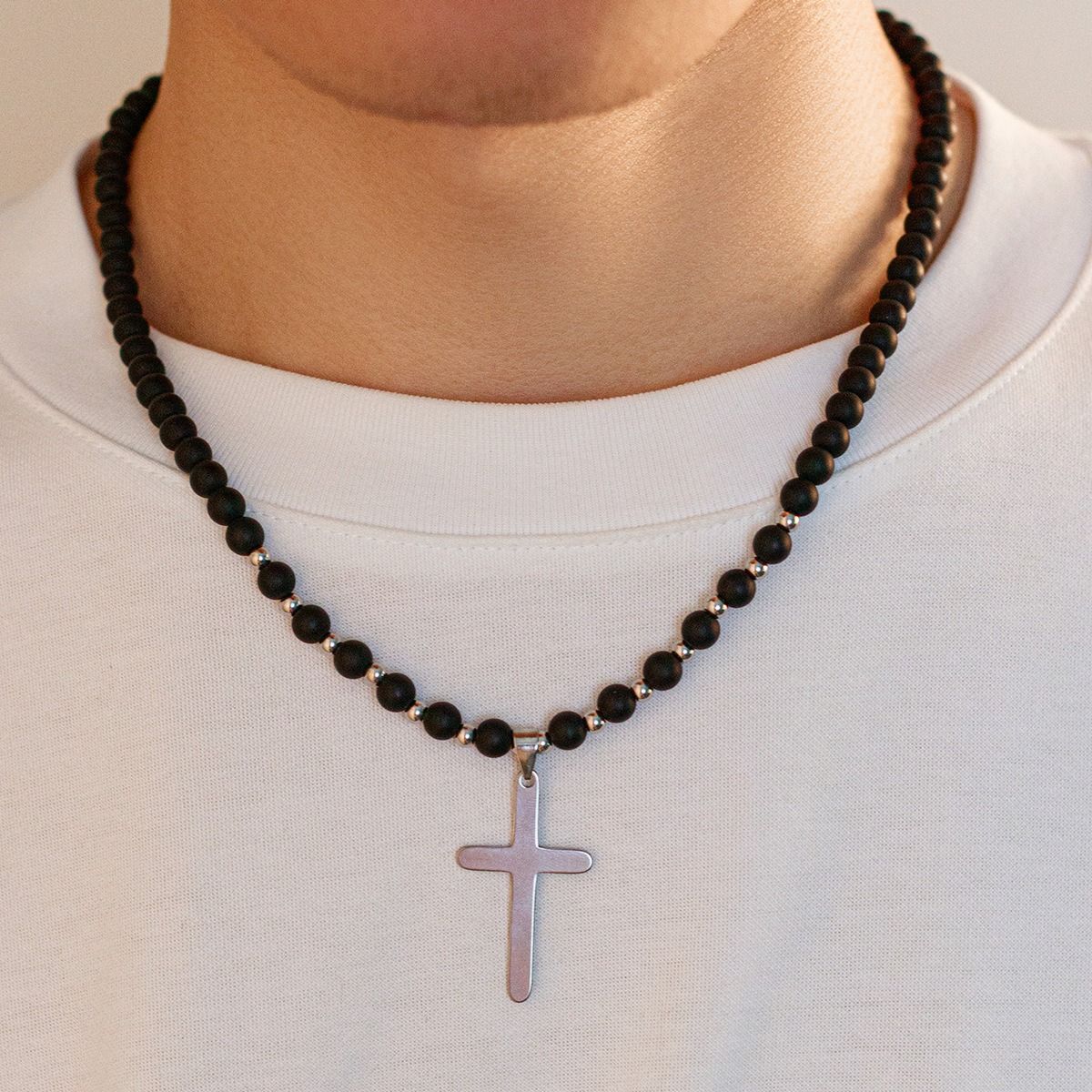 African cross-border Jewelry for men Retro Tiger Stone beaded cross Necklace Volcanic stone beaded necklace all match Hip Hop niche necklace for men