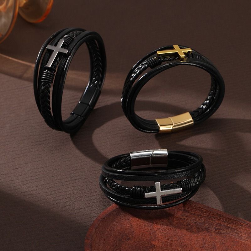 African men's bracelet cross-border hot sales Europe and the United States cross leather bracelet men's multi-layer hand-woven rope magnet buckle leather bracelet