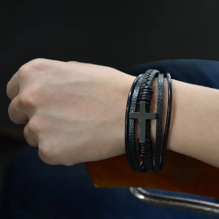 African men's bracelet cross-border hot sales Europe and the United States cross leather bracelet men's multi-layer hand-woven rope magnet buckle leather bracelet