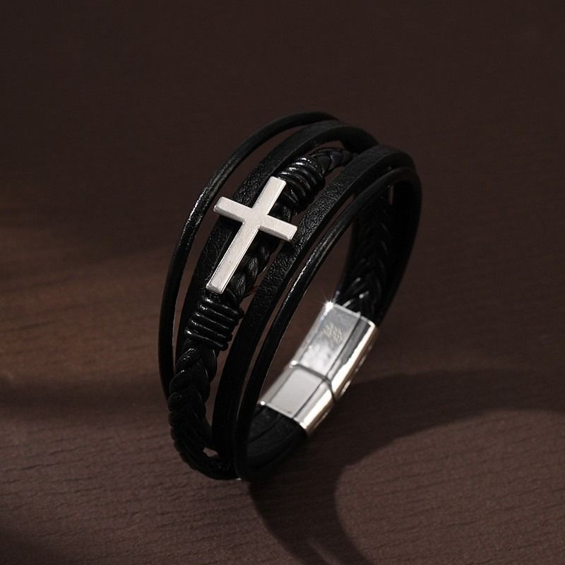 African men's bracelet cross-border hot sales Europe and the United States cross leather bracelet men's multi-layer hand-woven rope magnet buckle leather bracelet