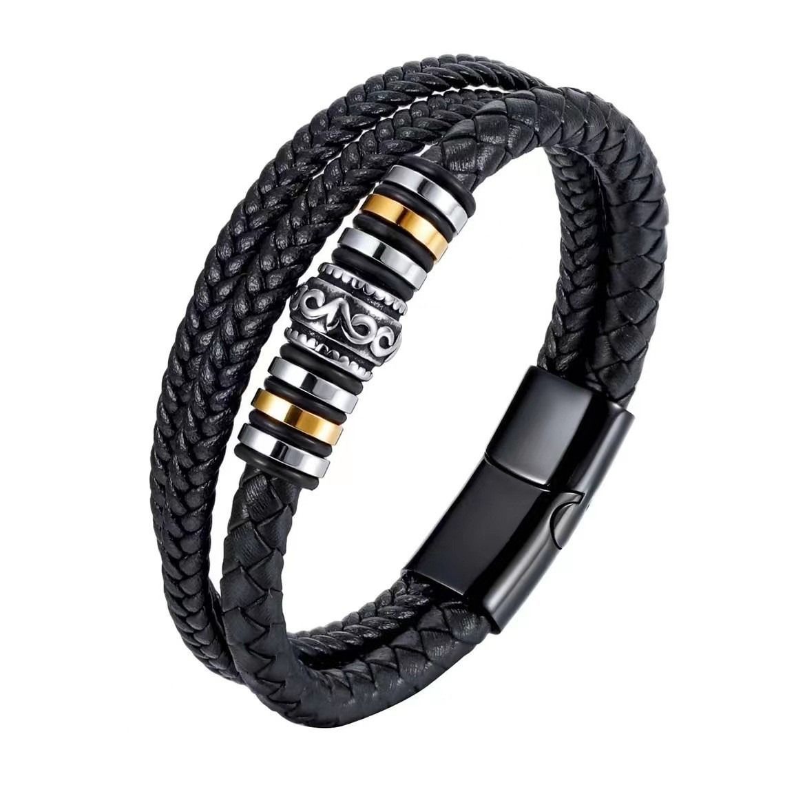 African men's bracelet cross-border hot sales Europe and the United States cross leather bracelet men's multi-layer hand-woven rope magnet buckle leather bracelet