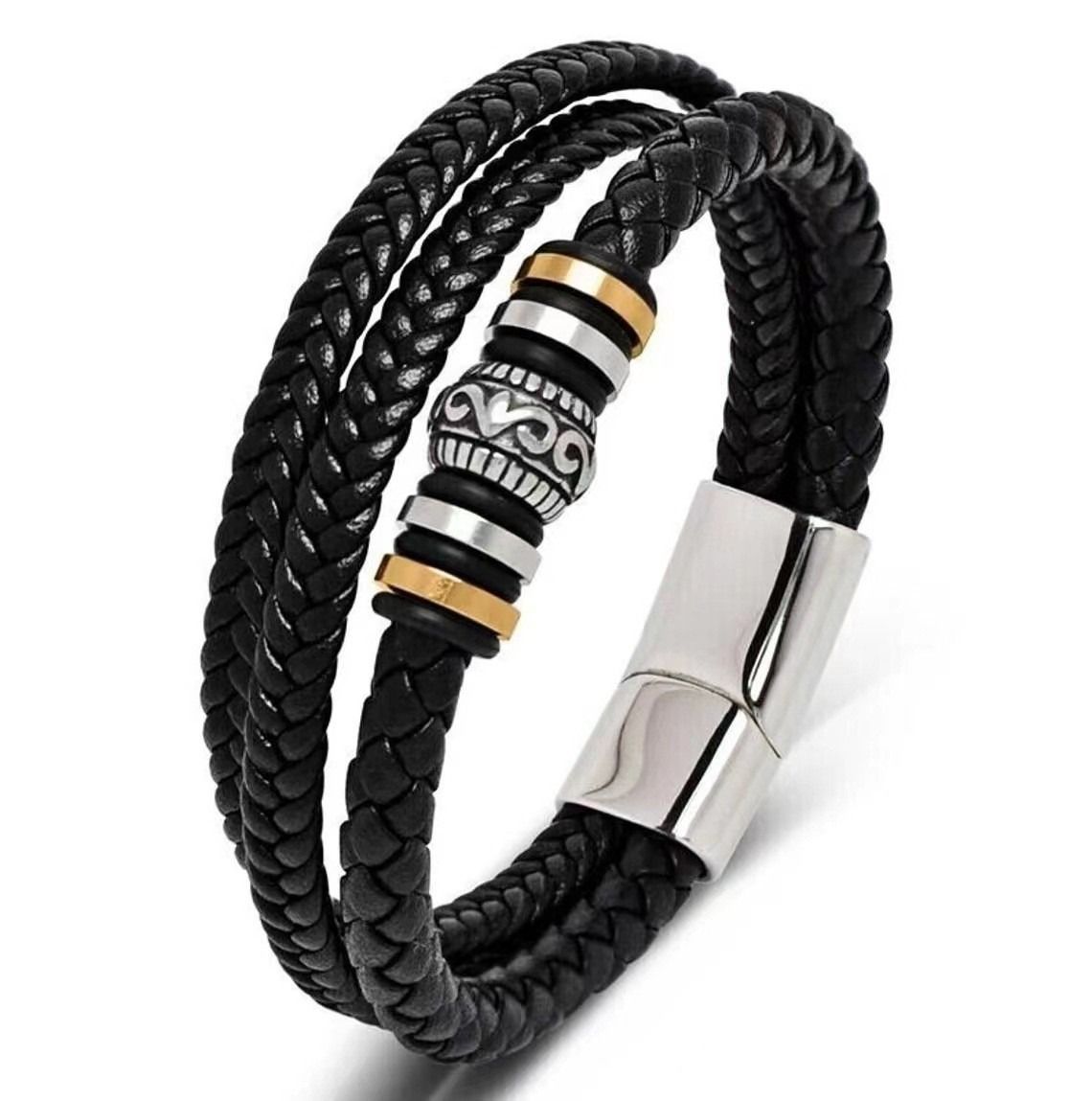 African men's bracelet cross-border hot sales Europe and the United States cross leather bracelet men's multi-layer hand-woven rope magnet buckle leather bracelet