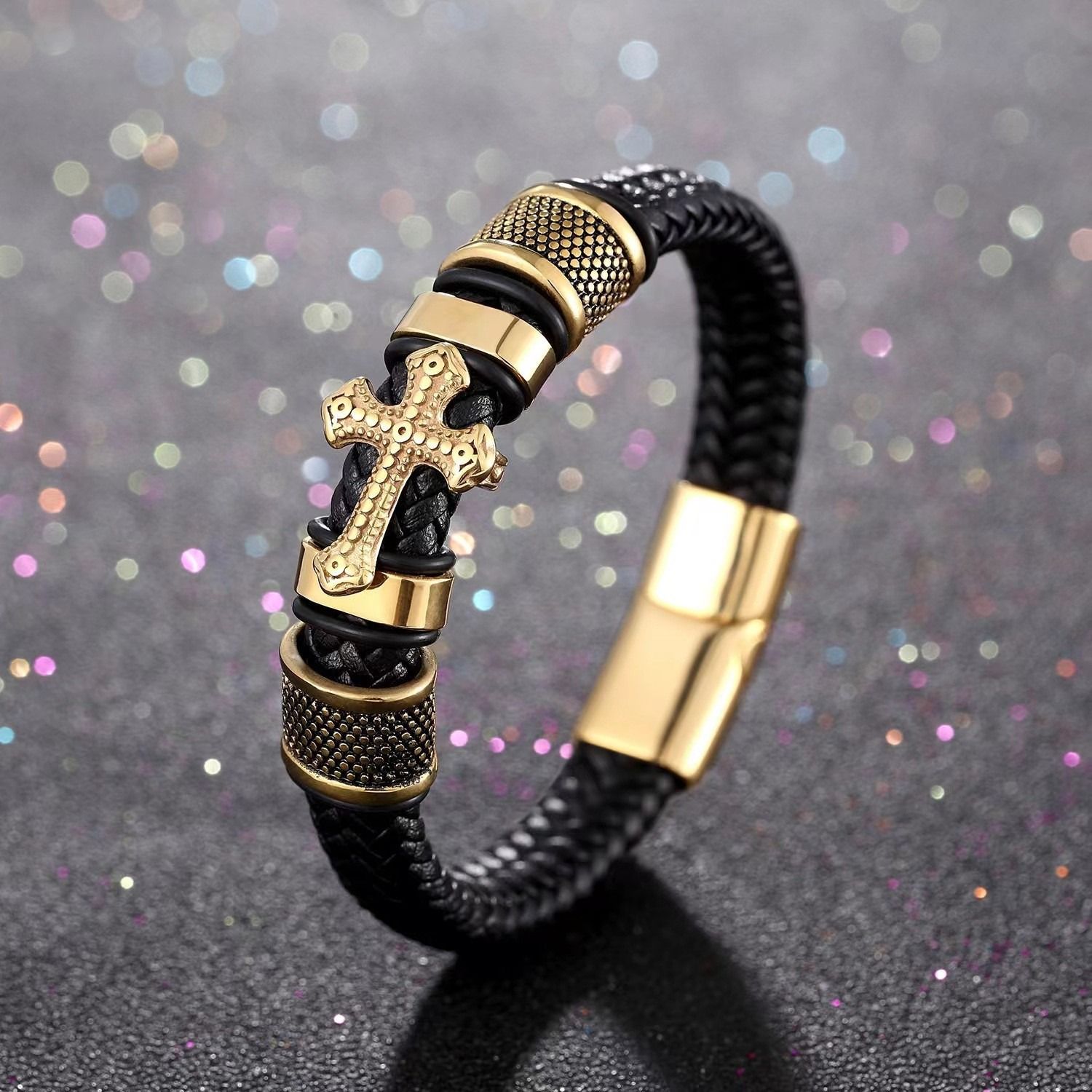 African men's bracelet cross-border hot sales Europe and the United States cross leather bracelet men's multi-layer hand-woven rope magnet buckle leather bracelet